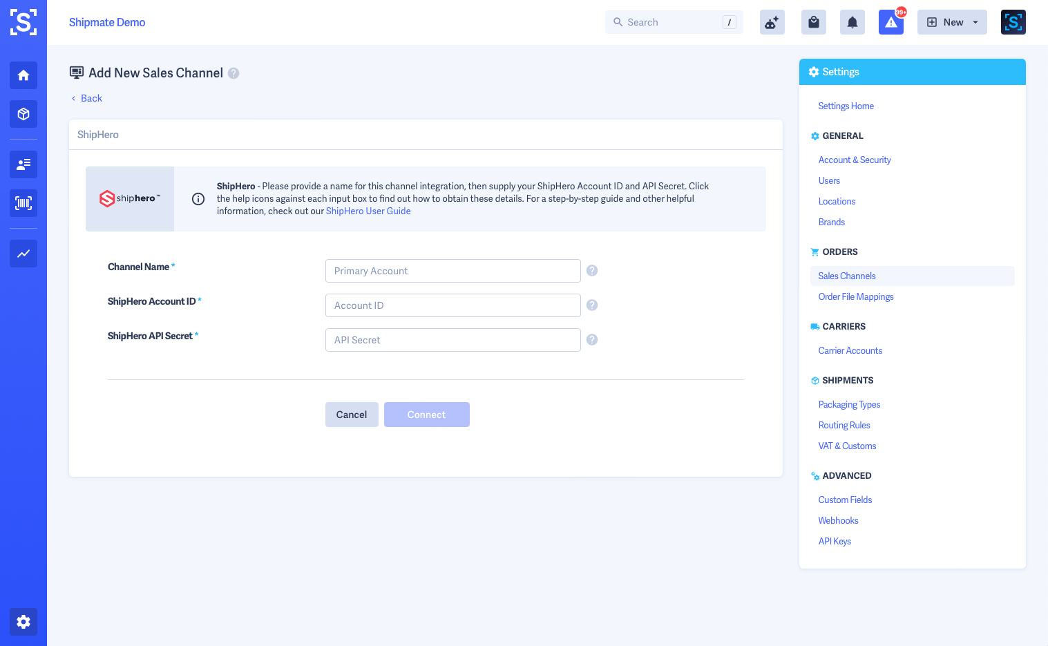 Shipmate - Sales Channels - Add ShipHero Details Shipmate - Sales Channels - Add ShipHero Details