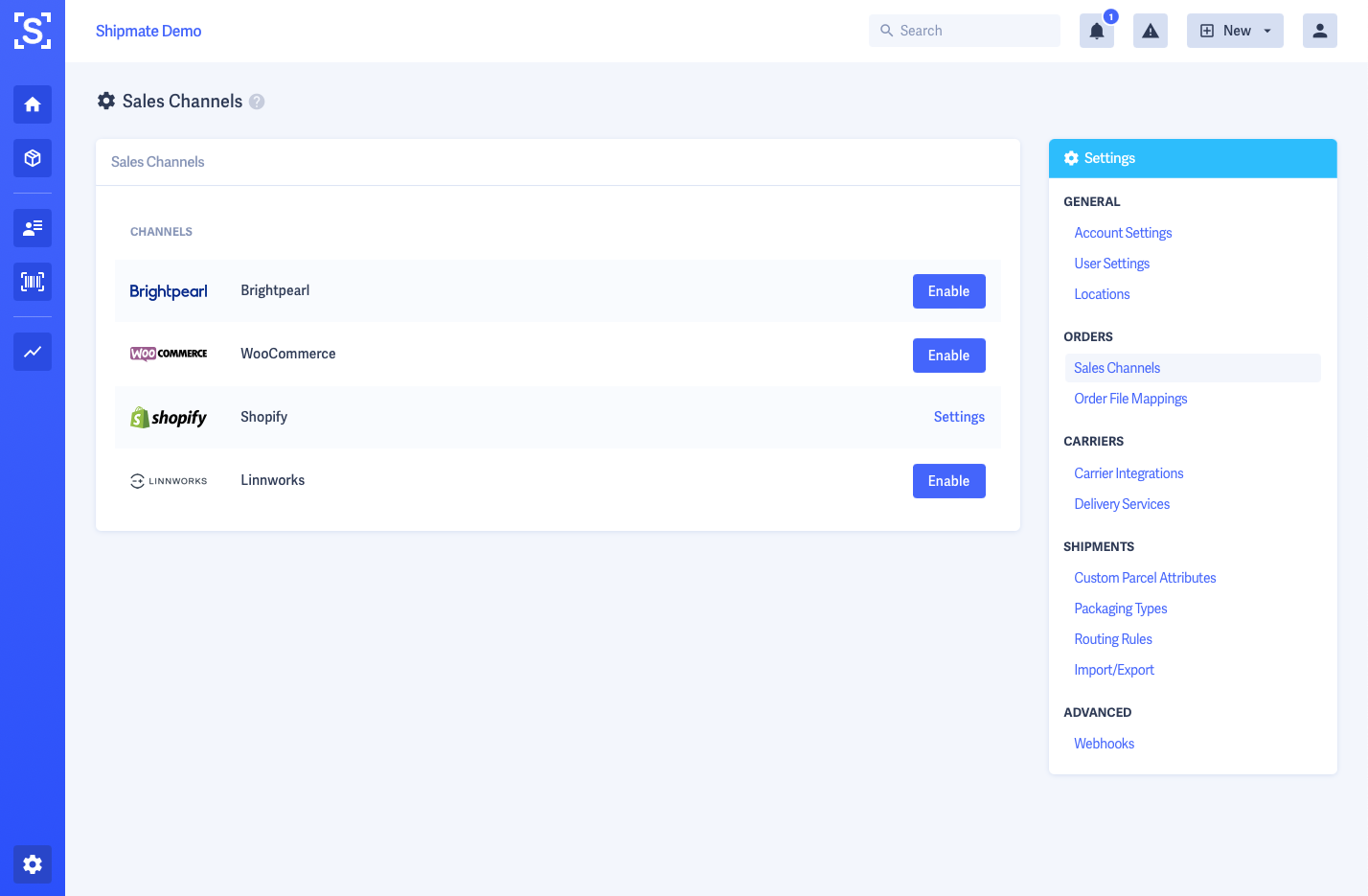 Shipmate - Channel Settings with Shopify highlighted Shipmate - Channel Settings with Shopify highlighted