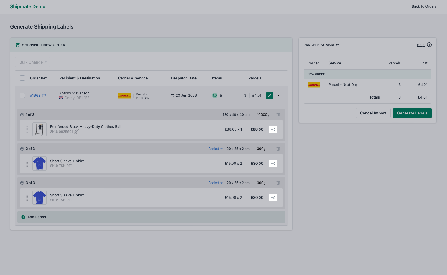 Shipmate - Shopify Plugin - Processing an Order - Item Splitting Buttons Highlighted