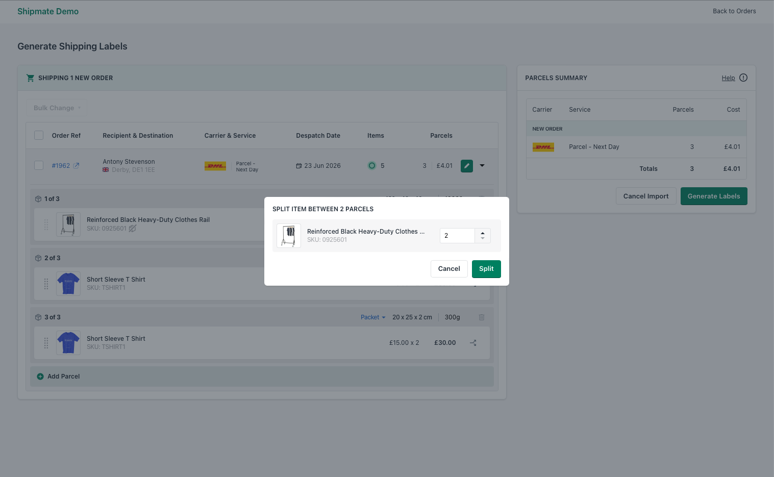 Shipmate - Shopify Plugin - Item Splitting Popup