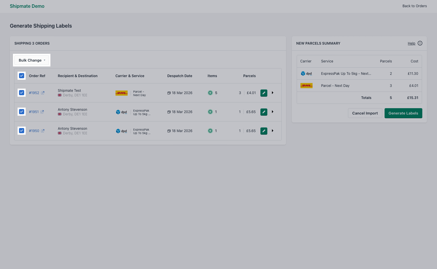 Shipmate - Shopify - Bulk Change Operations