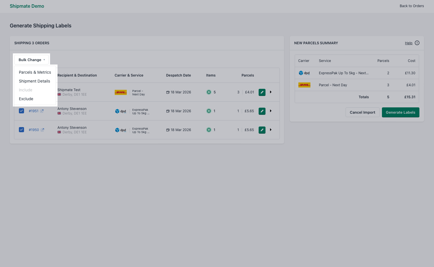 Shipmate - Shopify - Bulk Change Operation Options