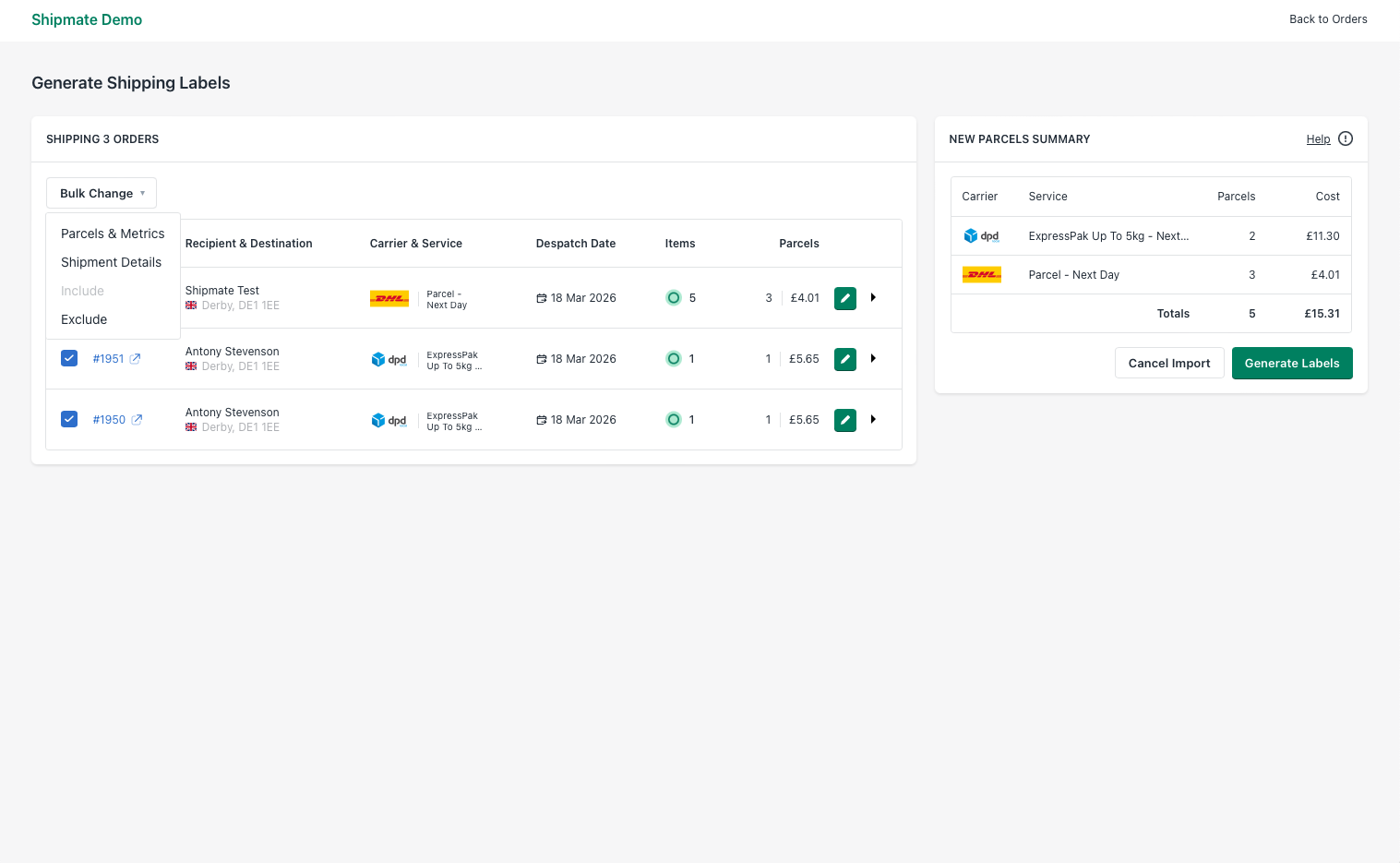 Shipmate - Shopify - Bulk Change Operation Options