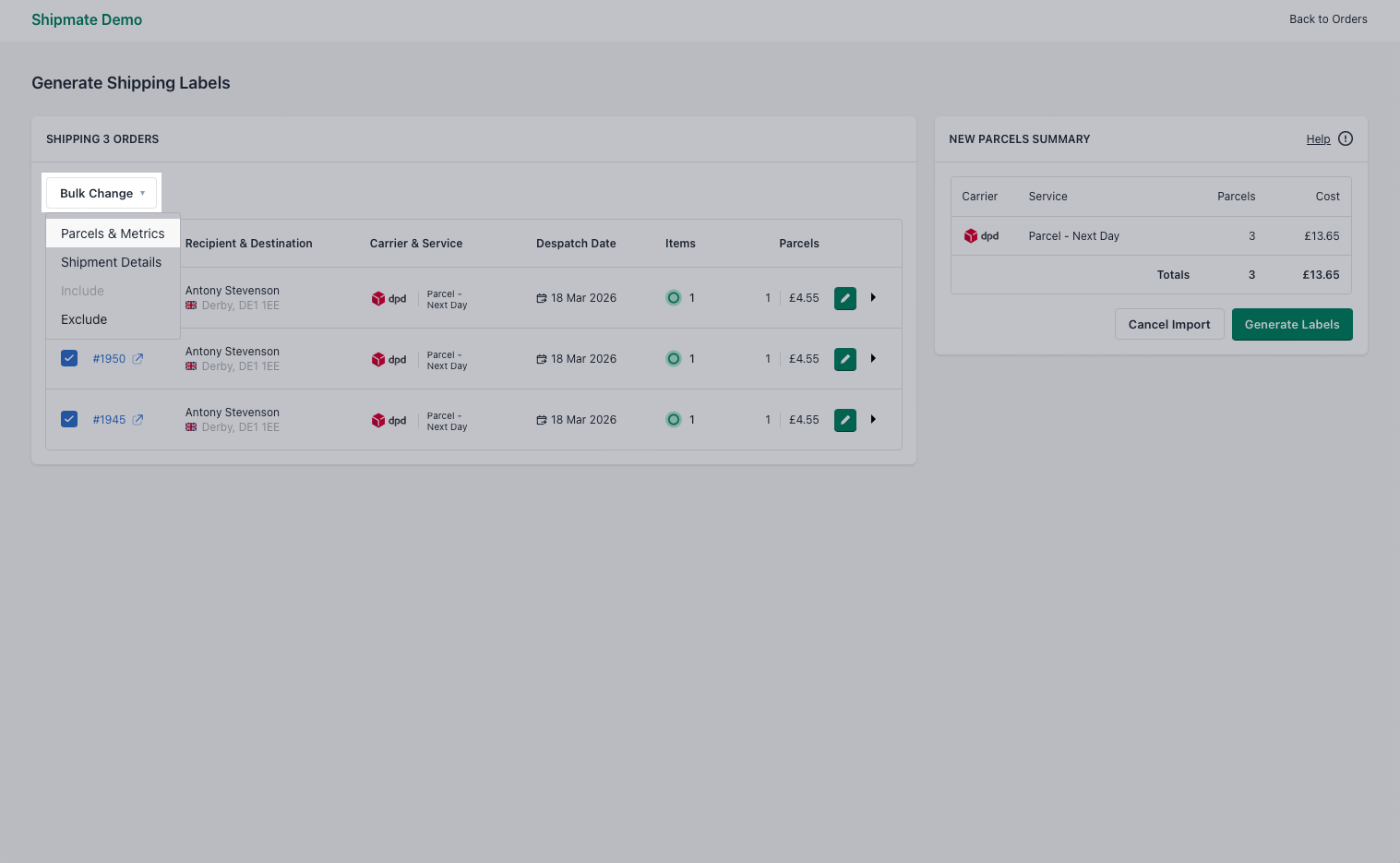 Shipmate - Shopify - Choosing the number of parcels