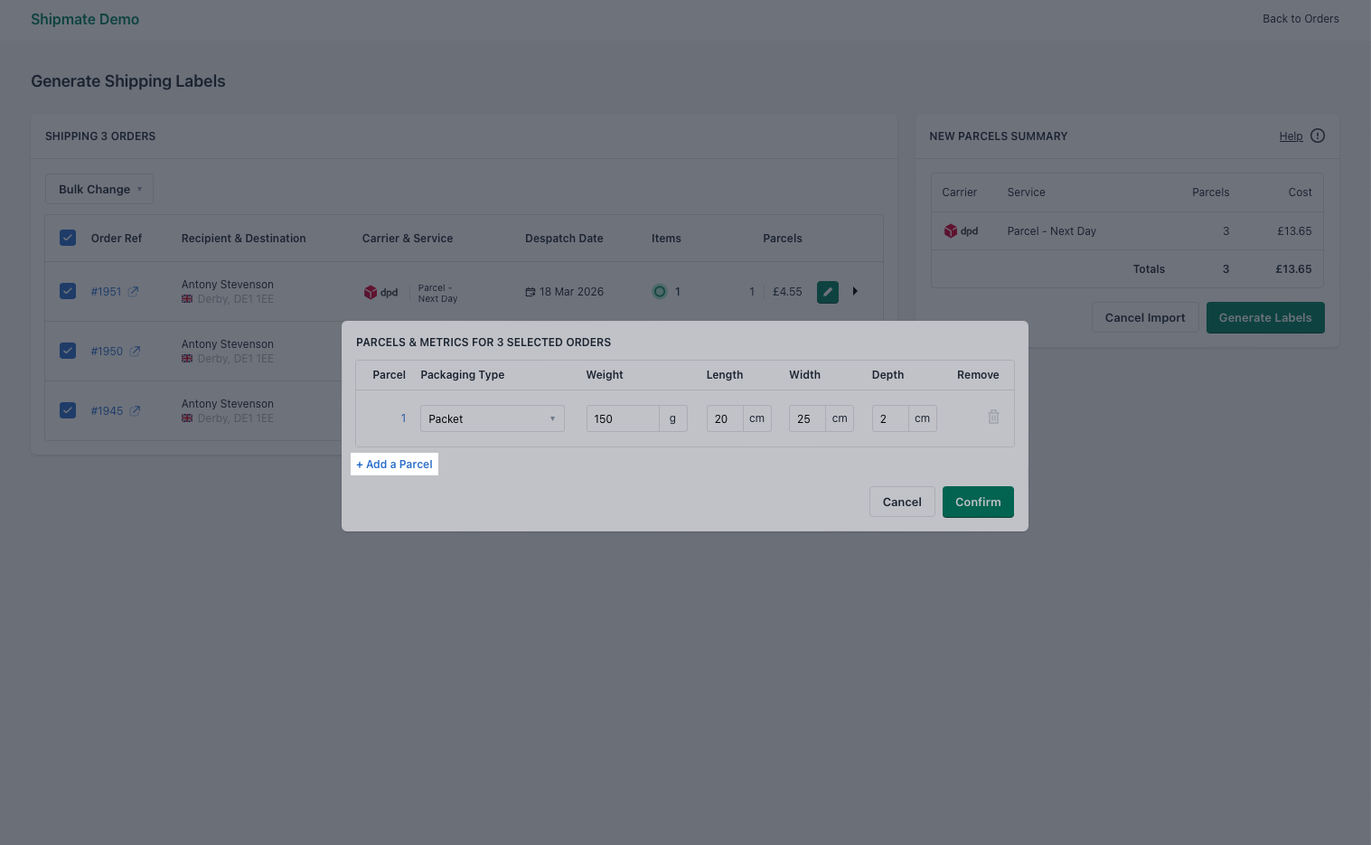 Shipmate - Shopify - Choosing the number of parcels