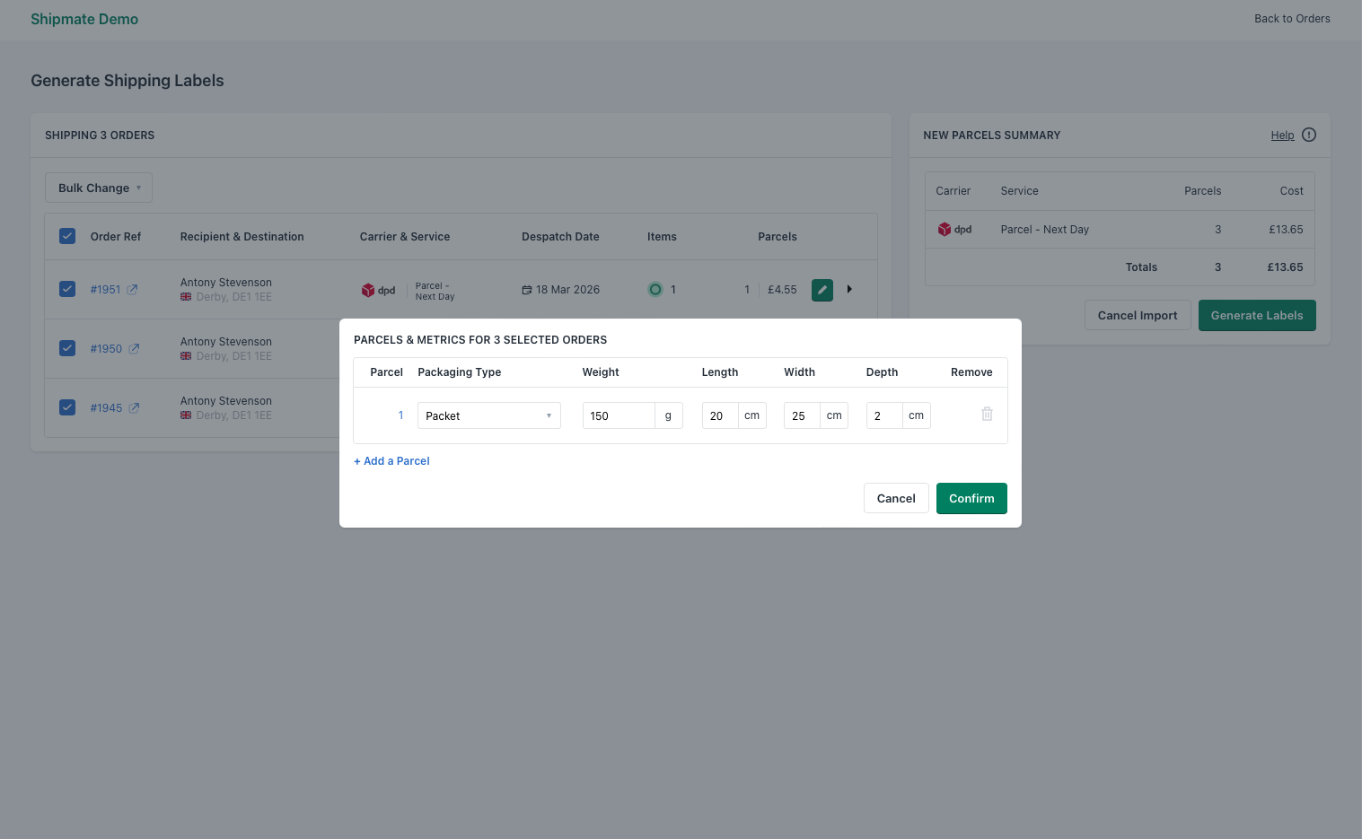Shipmate - Shopify - Choosing the number of parcels
