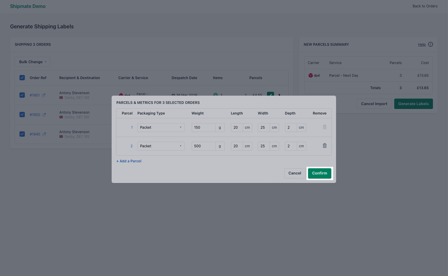 Shipmate - Shopify - Confirming updated parcels