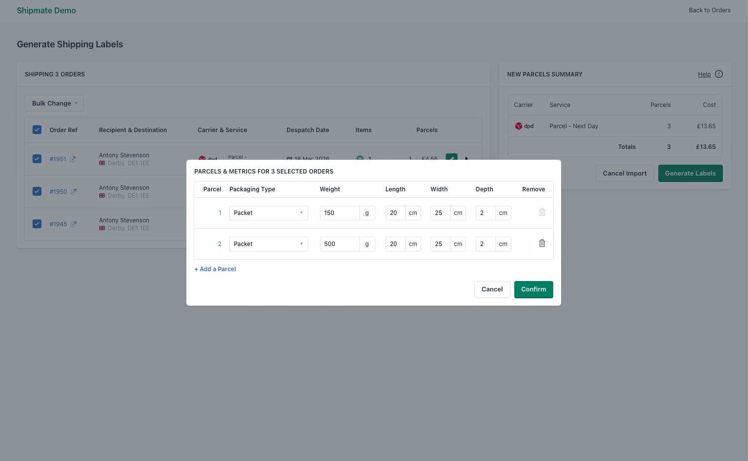 Shipmate - Shopify - Confirming updated parcels