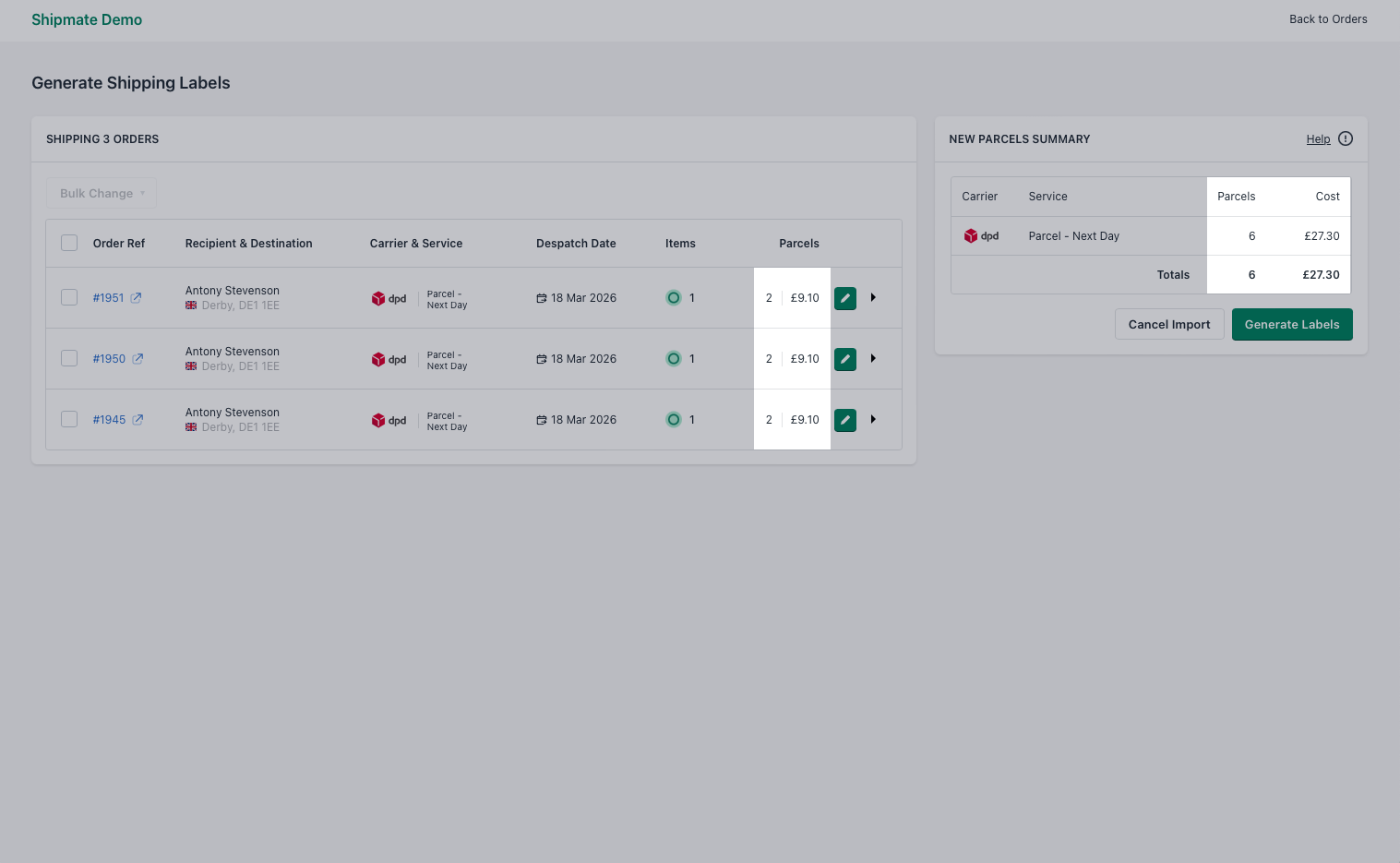 Shipmate - Shopify - Displaying updated parcels