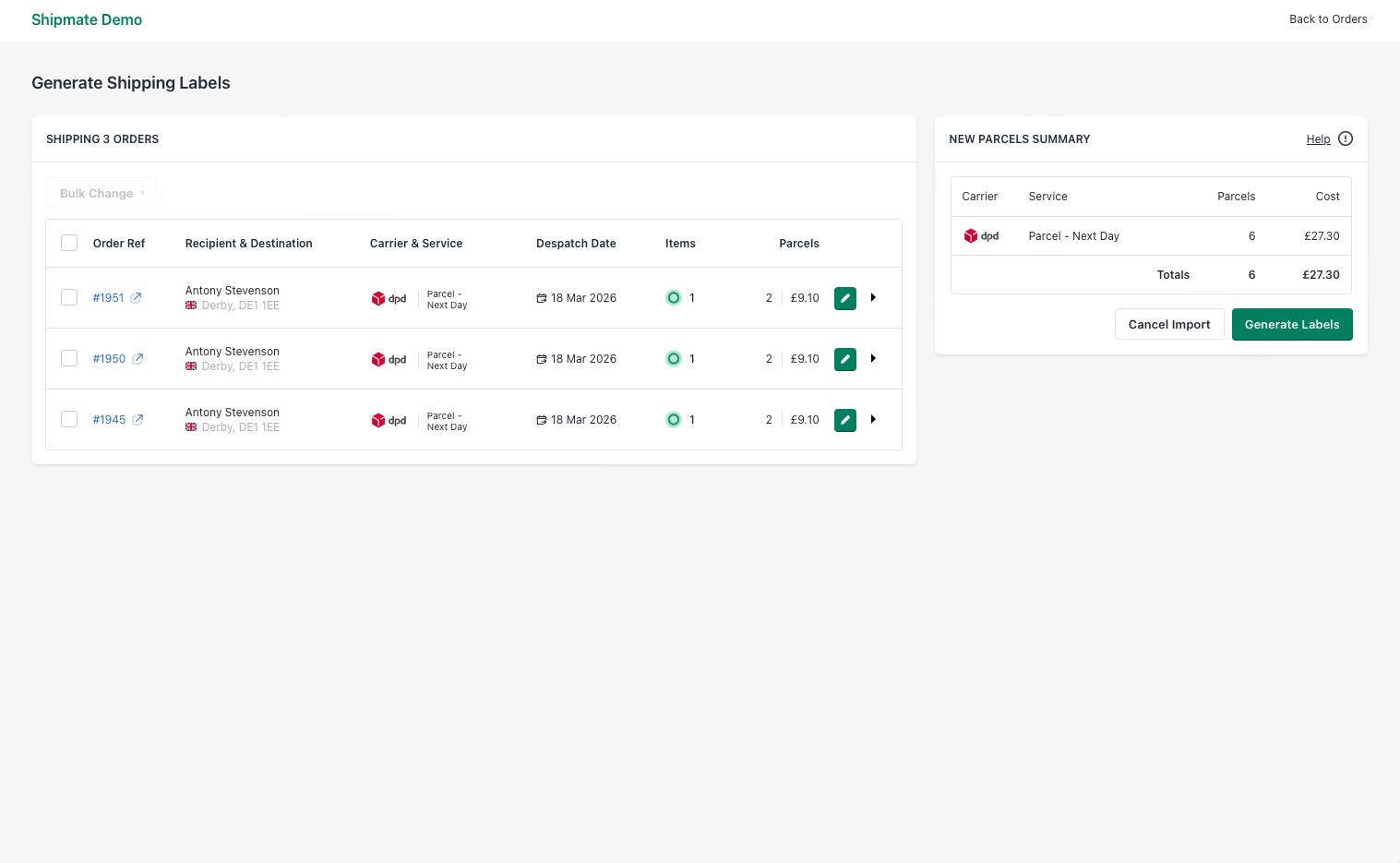 Shipmate - Shopify - Displaying updated parcels