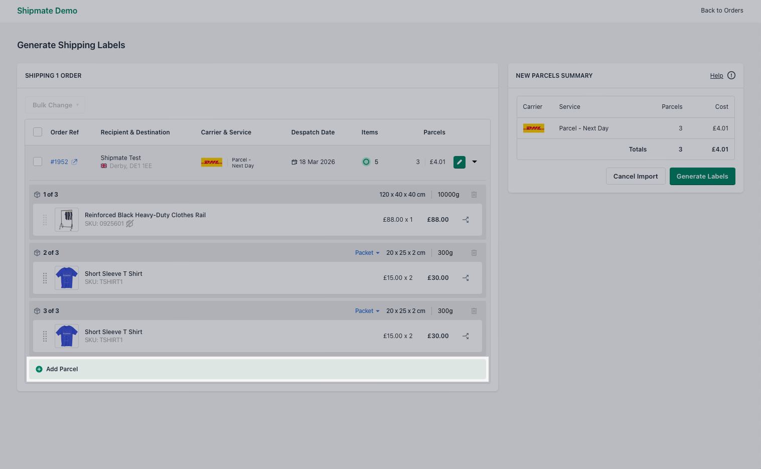 Shipmate - Shopify Plugin - Add Parcel to Order