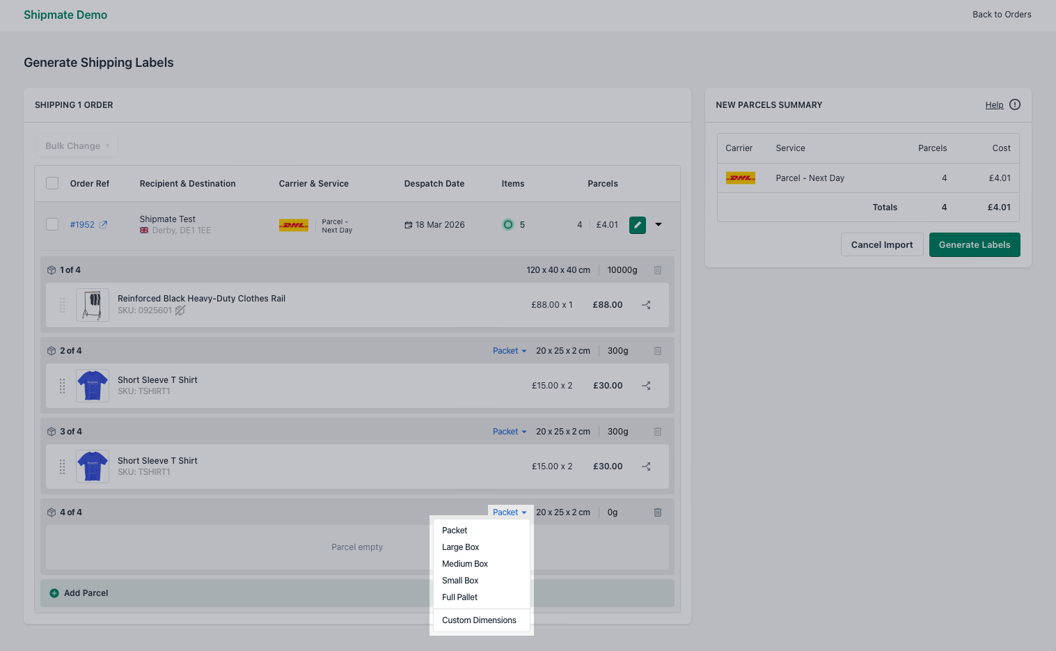 Shipmate - Shopify Plugin - Add Parcel to Order