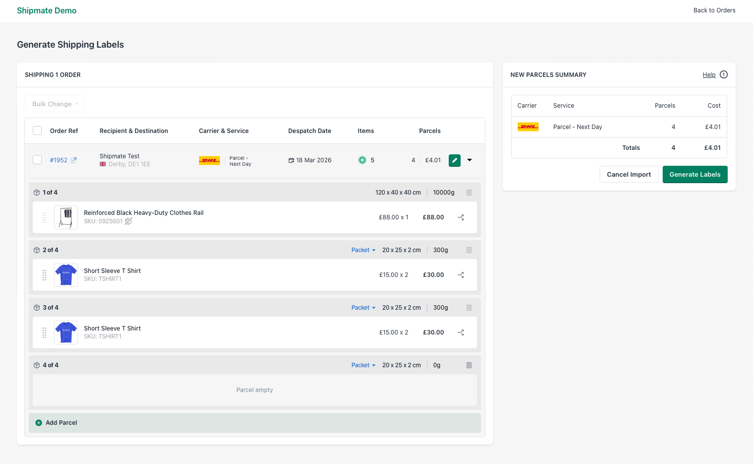 Shipmate - Shopify Plugin - Add Parcel to Order
