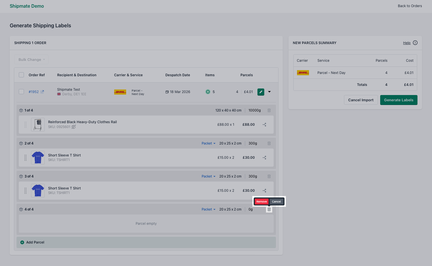 Shipmate - Shopify Plugin - Remove Parcel from Order
