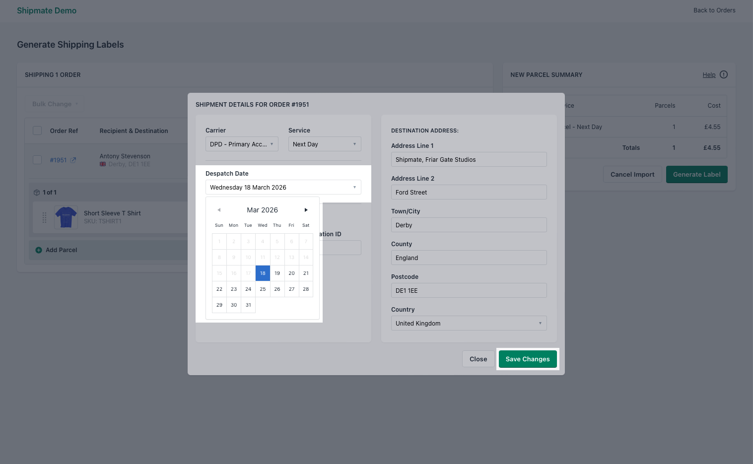 Shipmate - Shopify Plugin - Edit Despatch Date