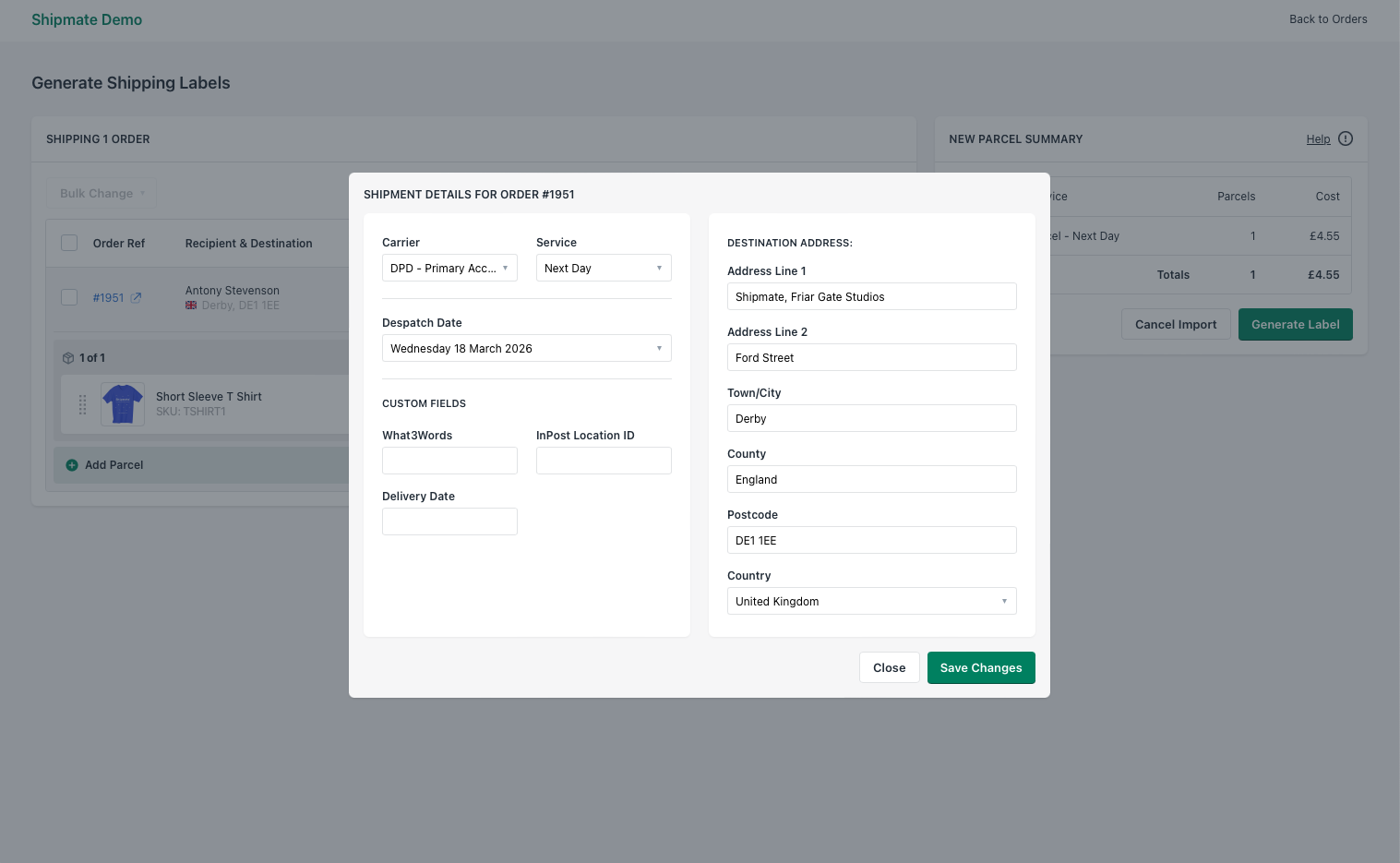 Shipmate - Shopify Plugin - Edit Delivery Address