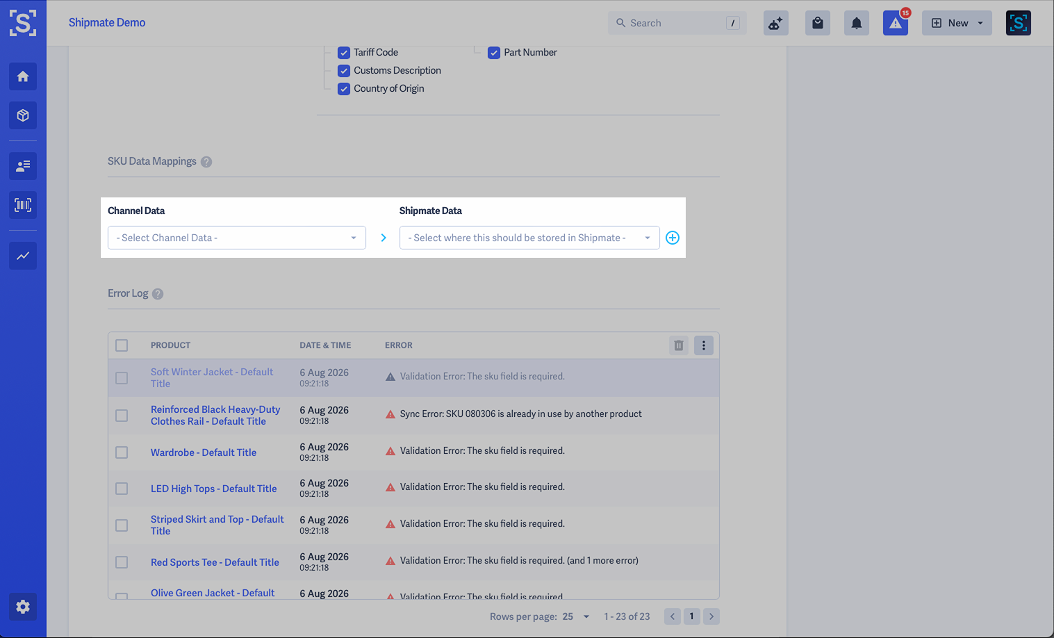 Shipmate - Shopify SKU Import - SKU Data Mappings