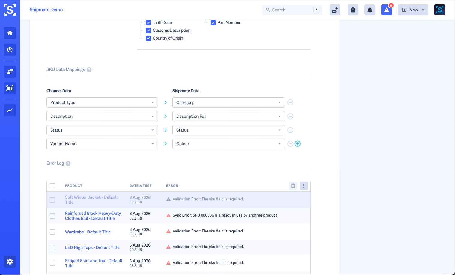 Shipmate - Shopify SKU Import - SKU Data Mappings