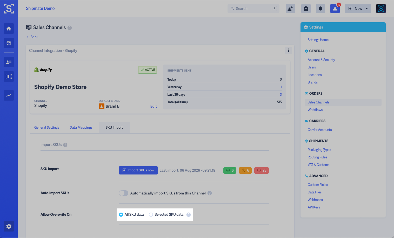 Shipmate - Shopify SKU Import - Allow Overwrite On