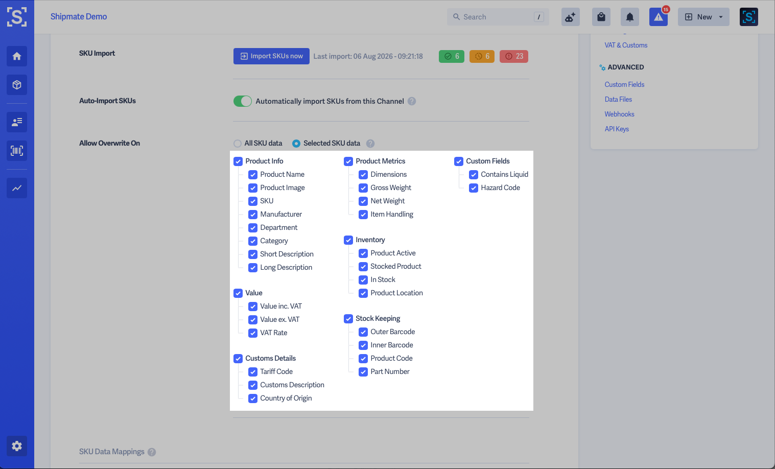 Shipmate - Shopify SKU Import - Allow Overwrite On - Selected SKU Data
