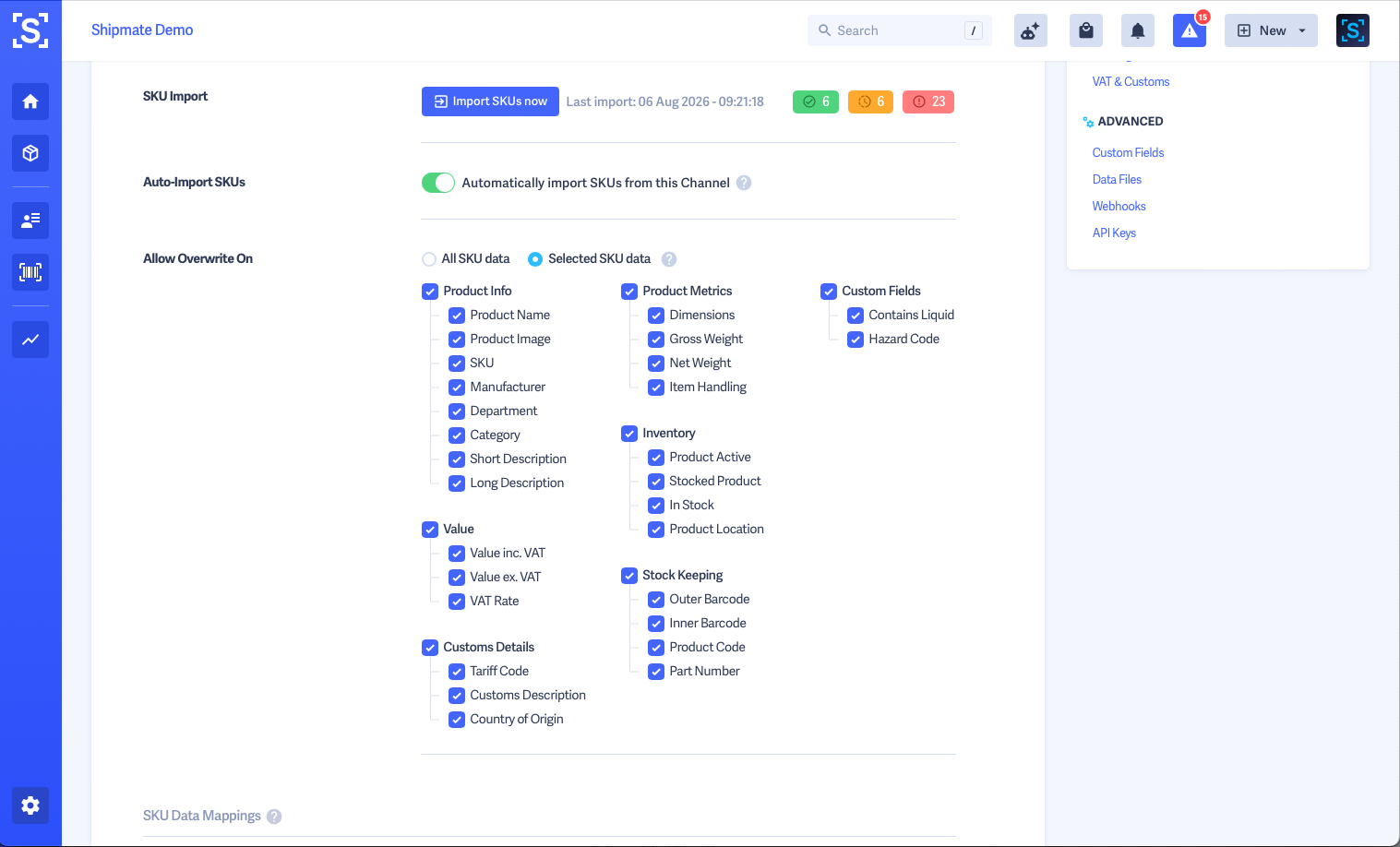 Shipmate - Shopify SKU Import - Allow Overwrite On - Selected SKU Data