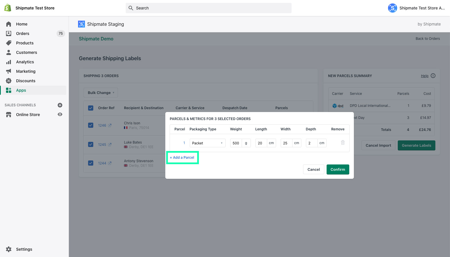 Shipmate - Shopify - Choosing the number of parcels Shipmate - Shopify - Choosing the number of parcels