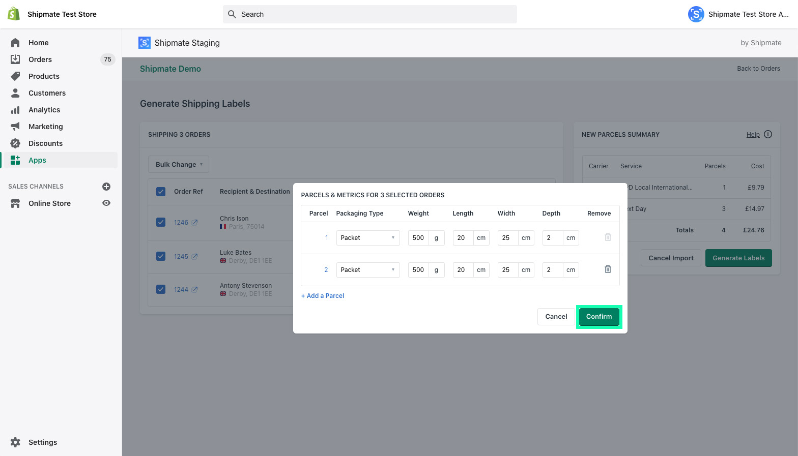 Shipmate - Shopify - Choosing the number of parcels Shipmate - Shopify - Choosing the number of parcels