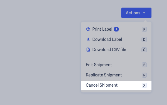 Shipmate - View Shipment - Actions Menu - Cancel Highlighted Shipmate - View Shipment - Actions Menu - Cancel Highlighted