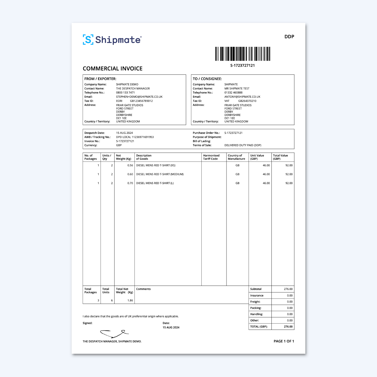 Shipmate - Commercial Invoice Sample Shipmate - Commercial Invoice Sample