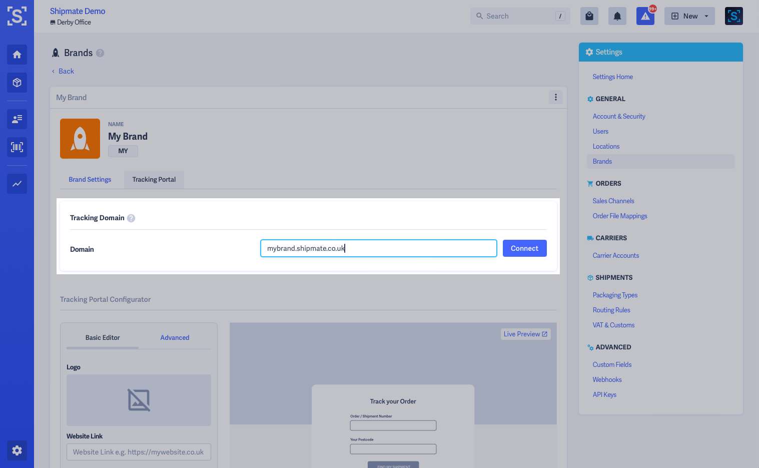 Shipmate - Brand Edit Page with Tracking Portal tab highlighted