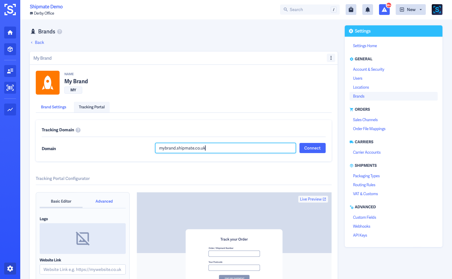 Shipmate - Brand Edit Page with Tracking Portal tab selected