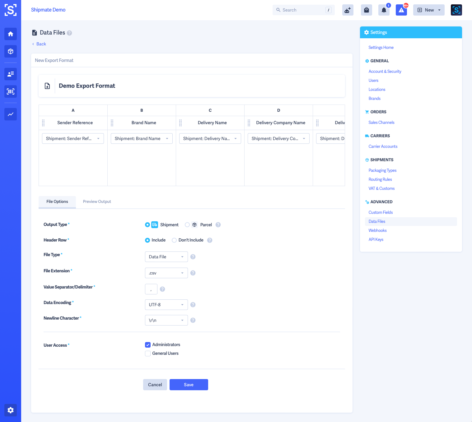 Shipmate - Data Files - New Data Export Format Form Filled