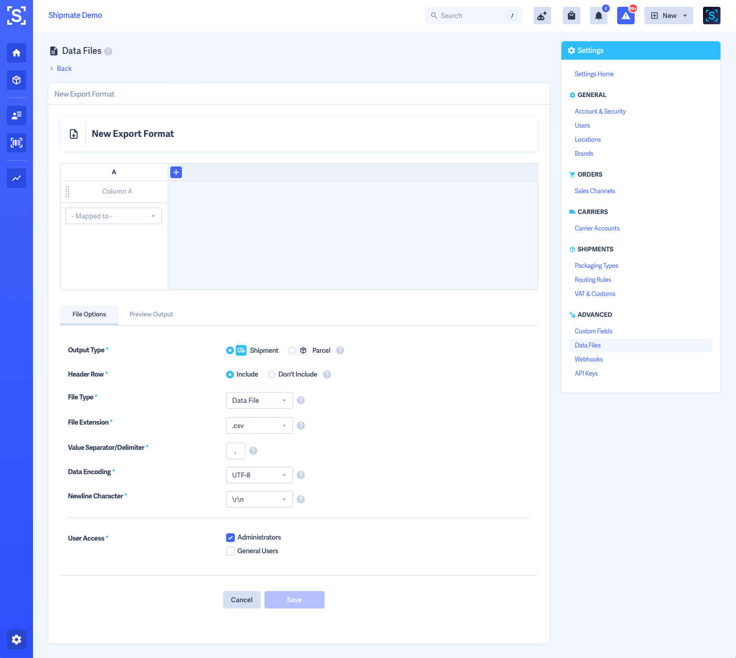 Shipmate - Data Files - New Data Export Format Form