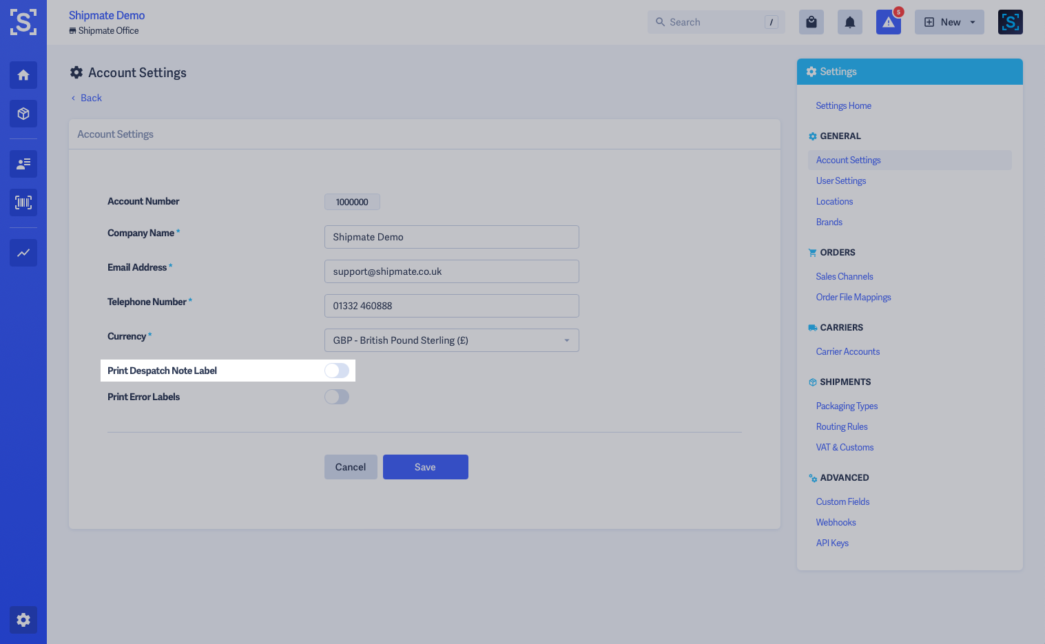 Shipmate - Account Settings - Despatch Note Label Highlighted Shipmate - Account Settings - Despatch Note Label Highlighted