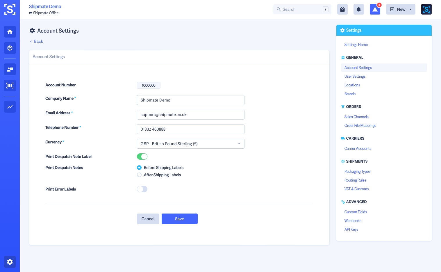 Shipmate - Account Settings - Despatch Note Label Options Shipmate - Account Settings - Despatch Note Label Options