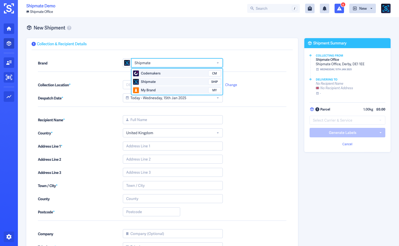 Shipmate - New Shipment Page with Brand drop-down Shipmate - New Shipment Page with Brand drop-down