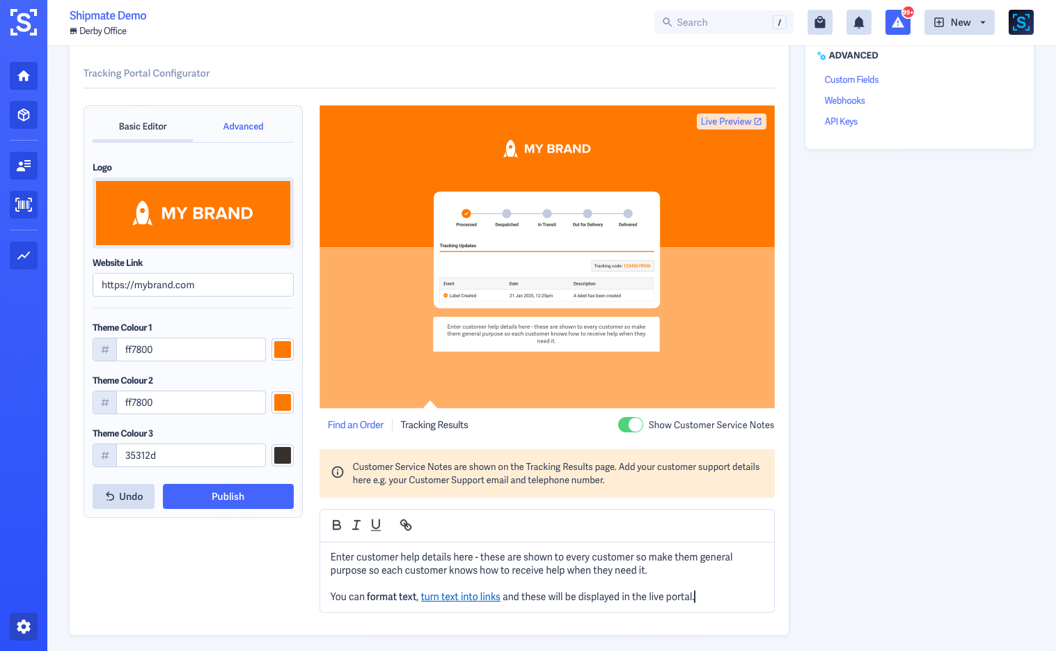 Shipmate - Brand Edit Page with Tracking Portal tab selected
