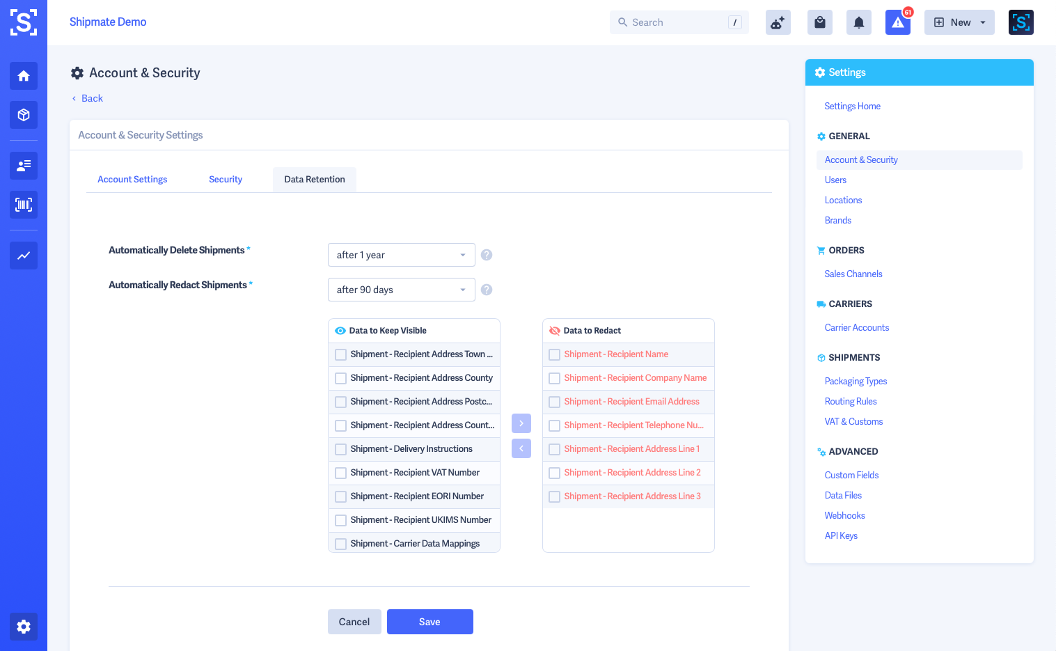 Shipmate - Security Settings - Data Retention Tab (Options selected)