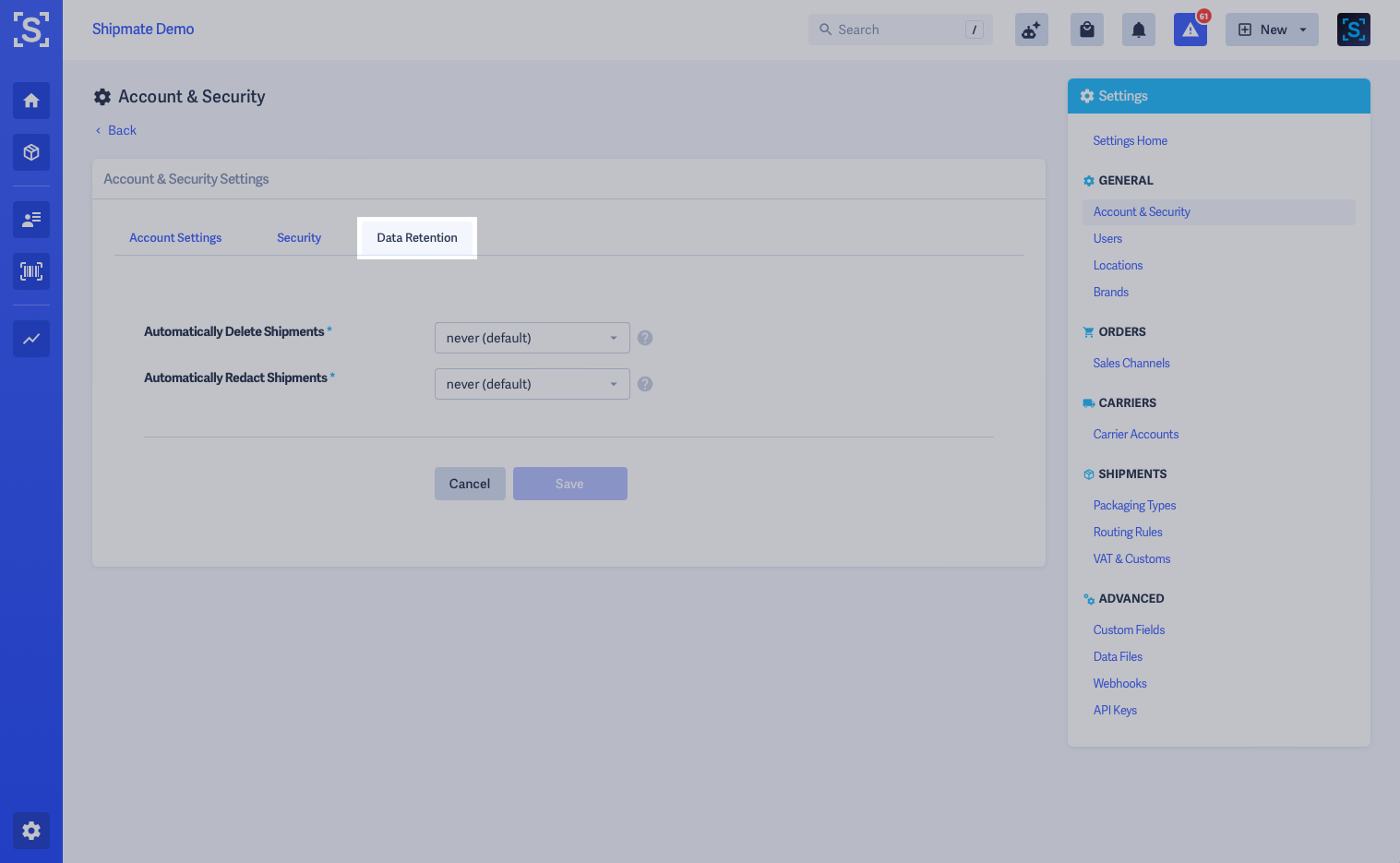 Shipmate - Security Settings - Data Retention Tab