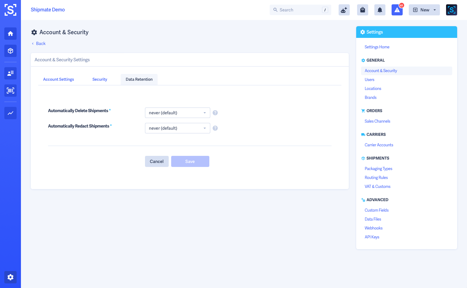 Shipmate - Security Settings - Data Retention Tab