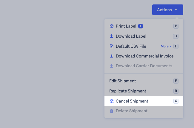 Shipmate - View Shipment - Actions Menu - Cancel Highlighted
