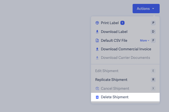 Shipmate - View Shipment - Actions Menu - Delete Highlighted