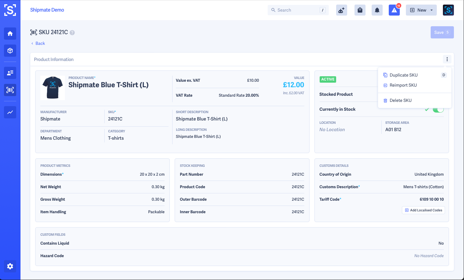 Shipmate - SKU View - Action Menu