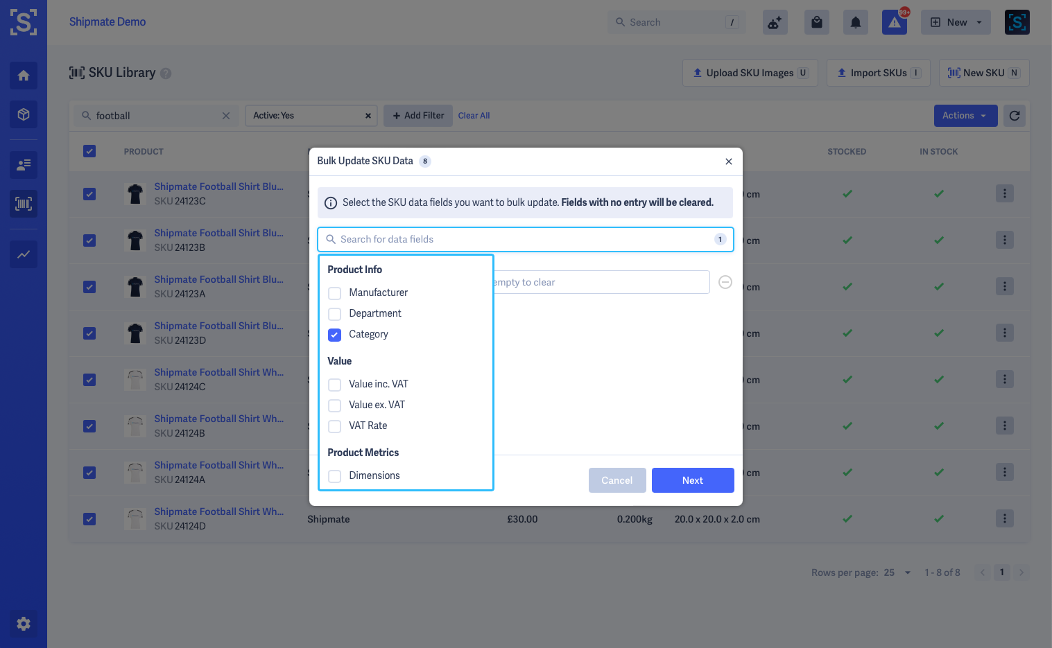 Shipmate - SKU Library - SKU Bulk Updater - Search for Data Fields