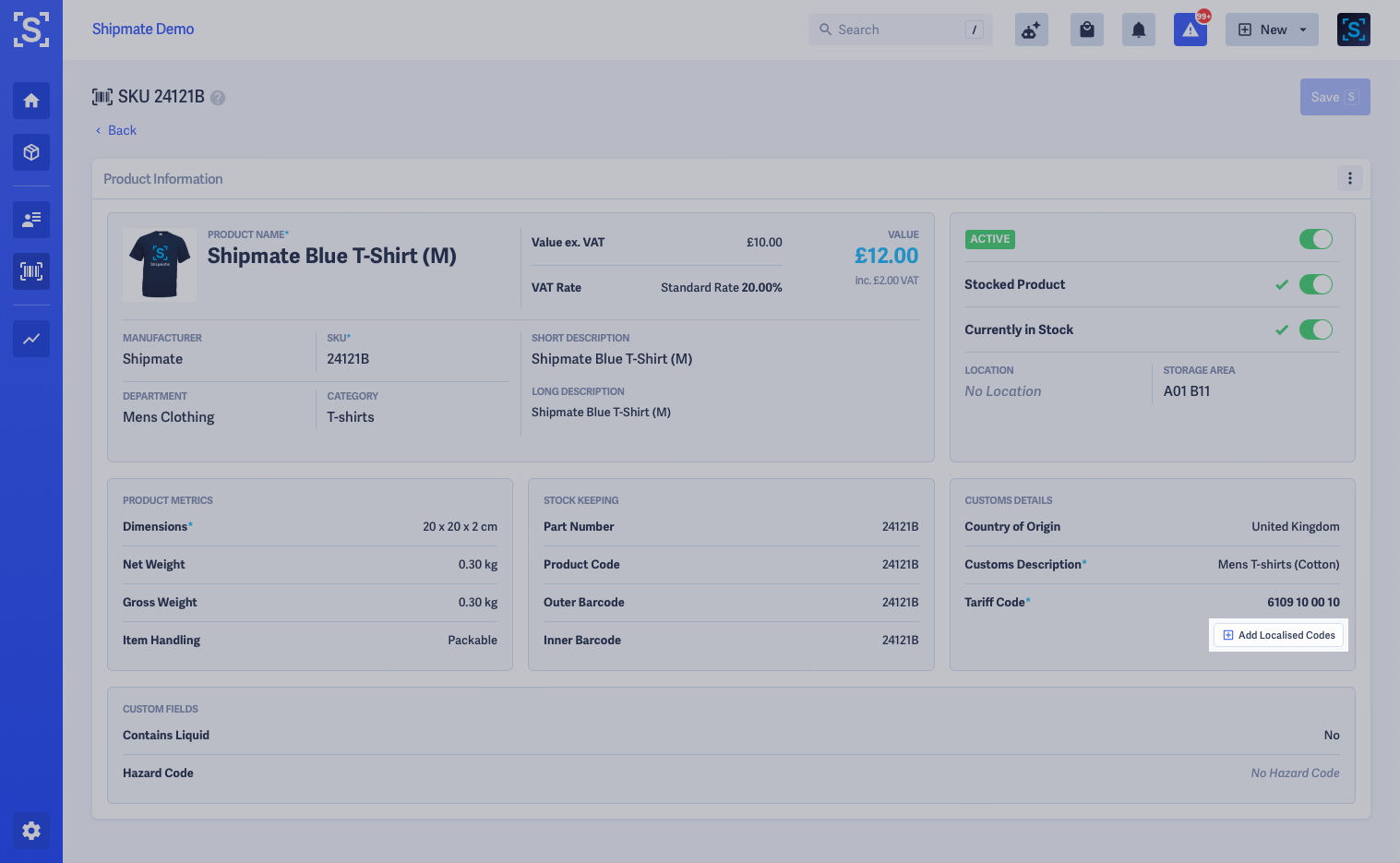 Shipmate - SKU Library - Single SKU - Add Localised Codes Button