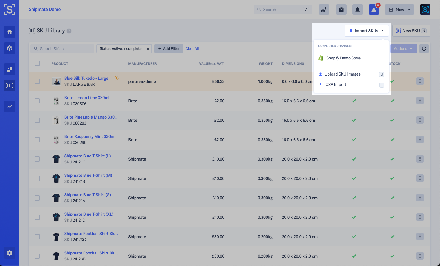 Shipmate - SKU Library - Import SKUs Dropdown Menu
