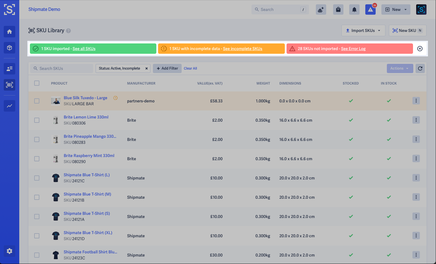Shipmate - SKU Library - Import SKUs Summary