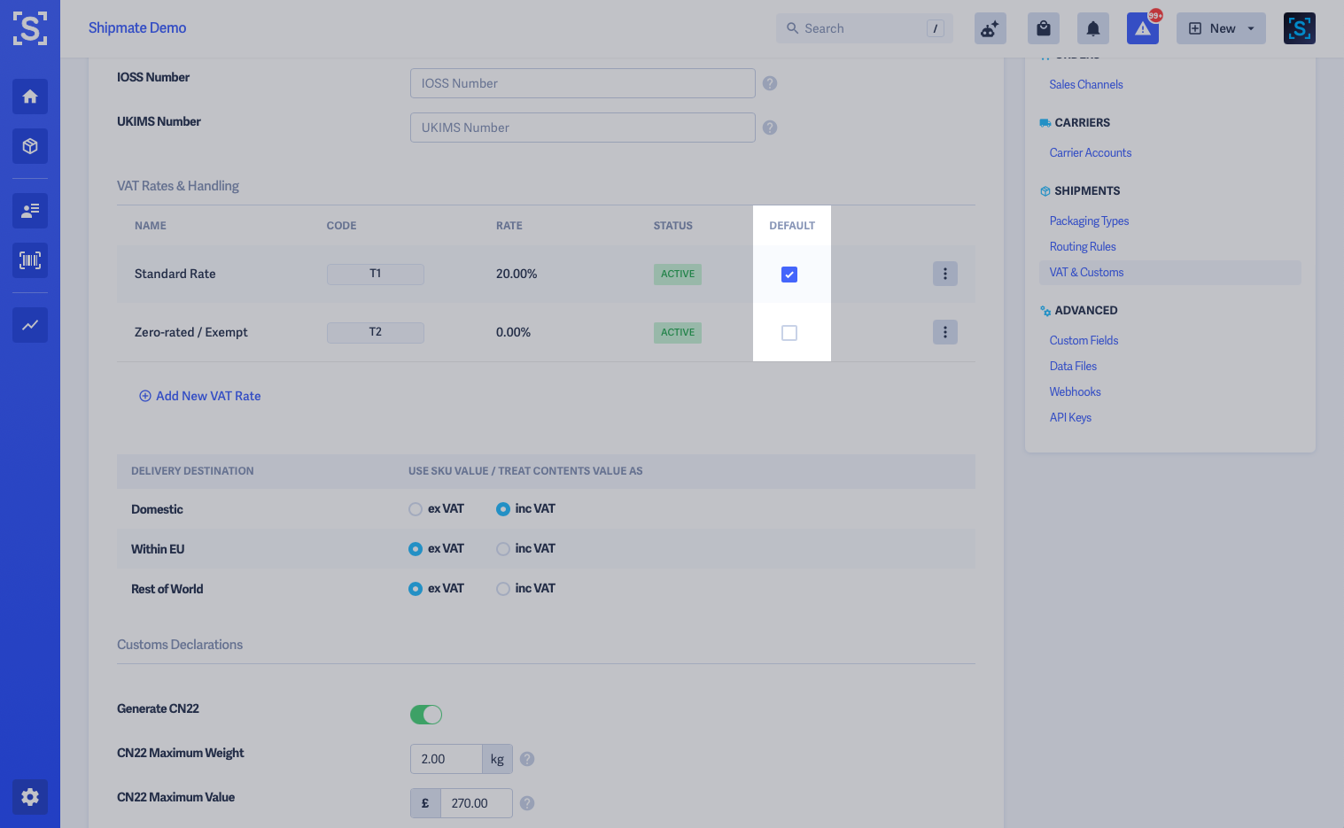 Shipmate - Settings - VAT and Customs - Default Checkbox