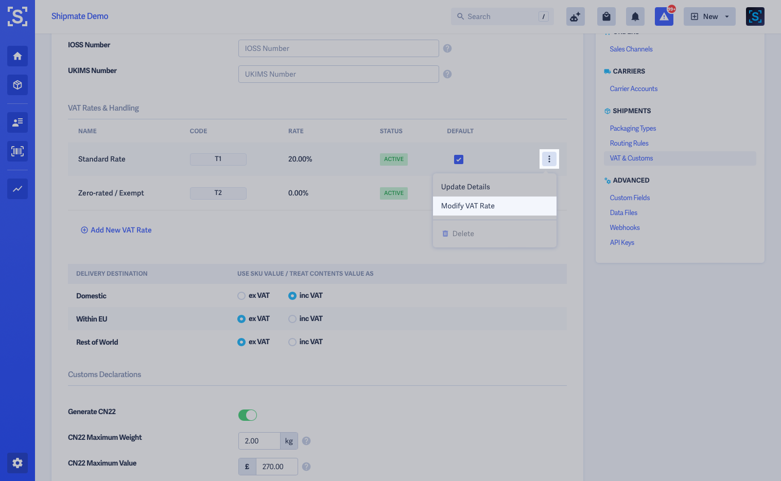 Shipmate - Settings - VAT and Customs - Modify VAT Rate Button