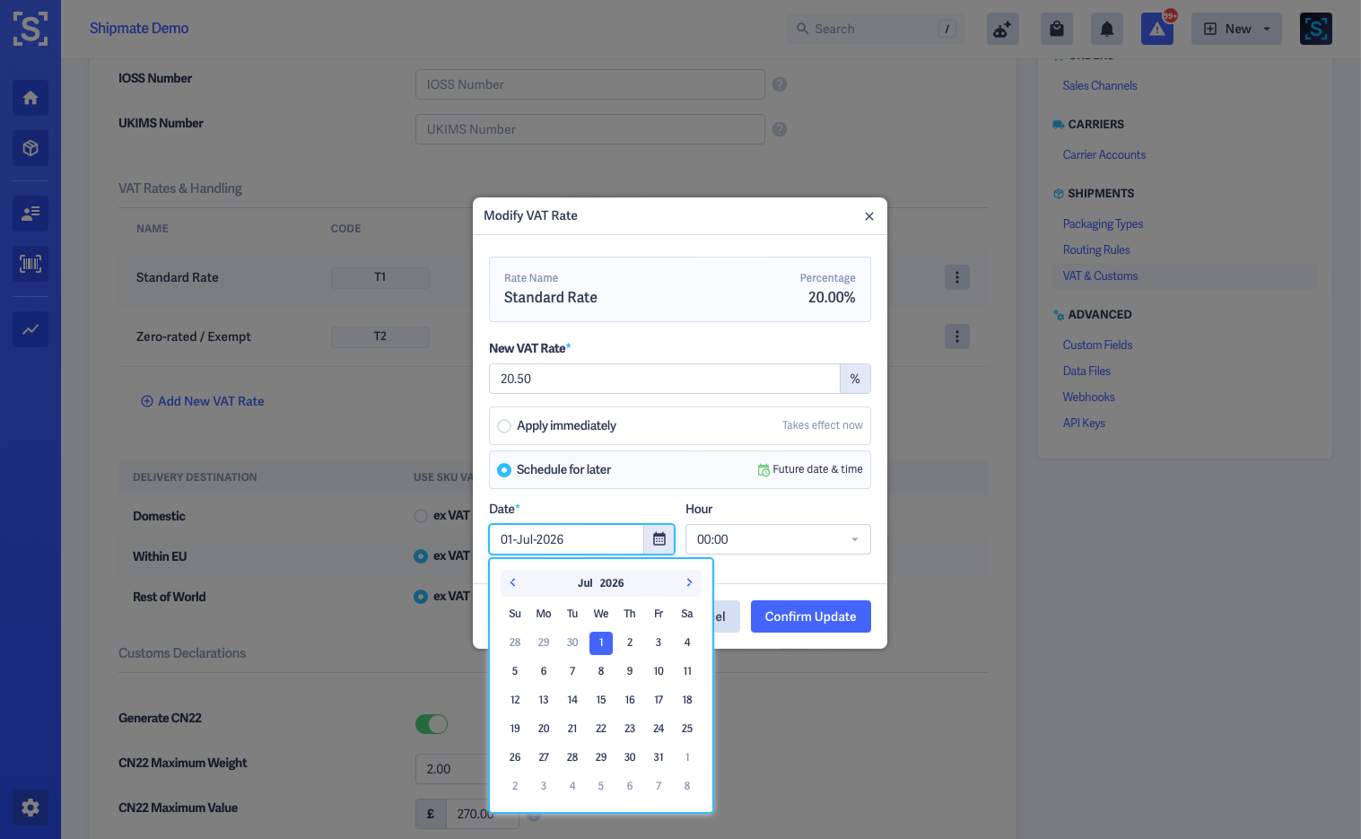 Shipmate - Settings - VAT and Customs - Modify VAT Rate Pop-Up - Showing Schedule